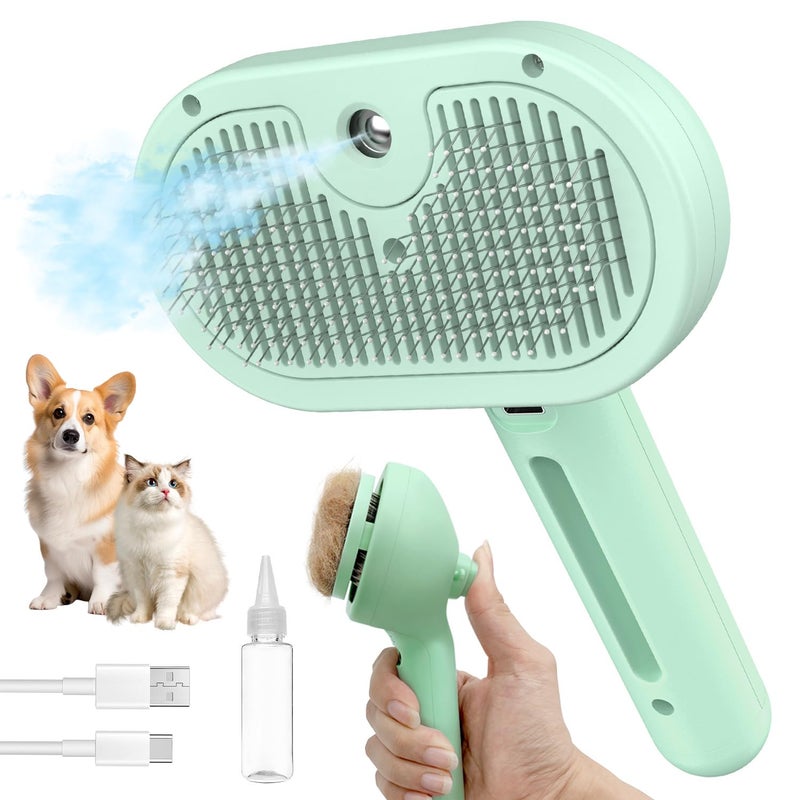 HeroKitty Steam Pet Brush for Shedding, 3 In 1 Self Cleaning Anti-Static Steamy Hair Brush, Reduces Loose Hair and Shedding for Long and Short Hair Pets Grooming, Green - Image 1